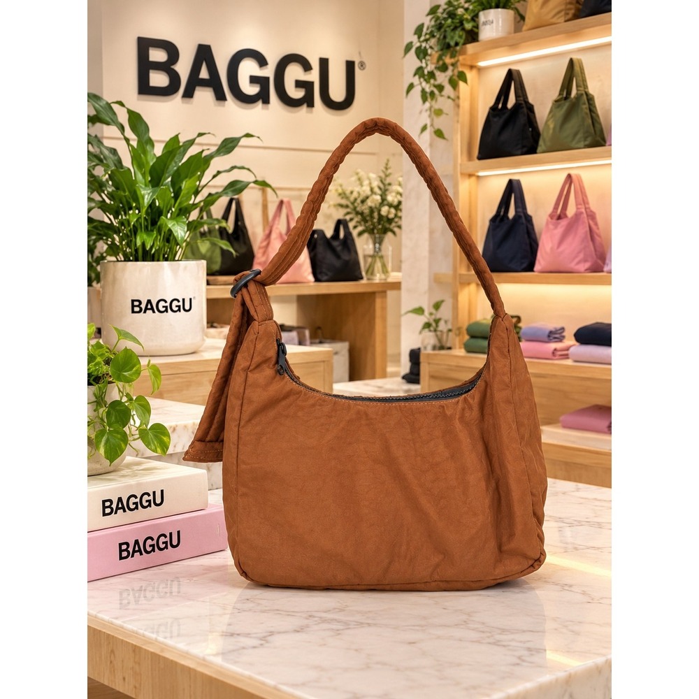 Baggu Mini Nylon Shoulder Bag Brown Adjustable Strap Recycled Heavyweight